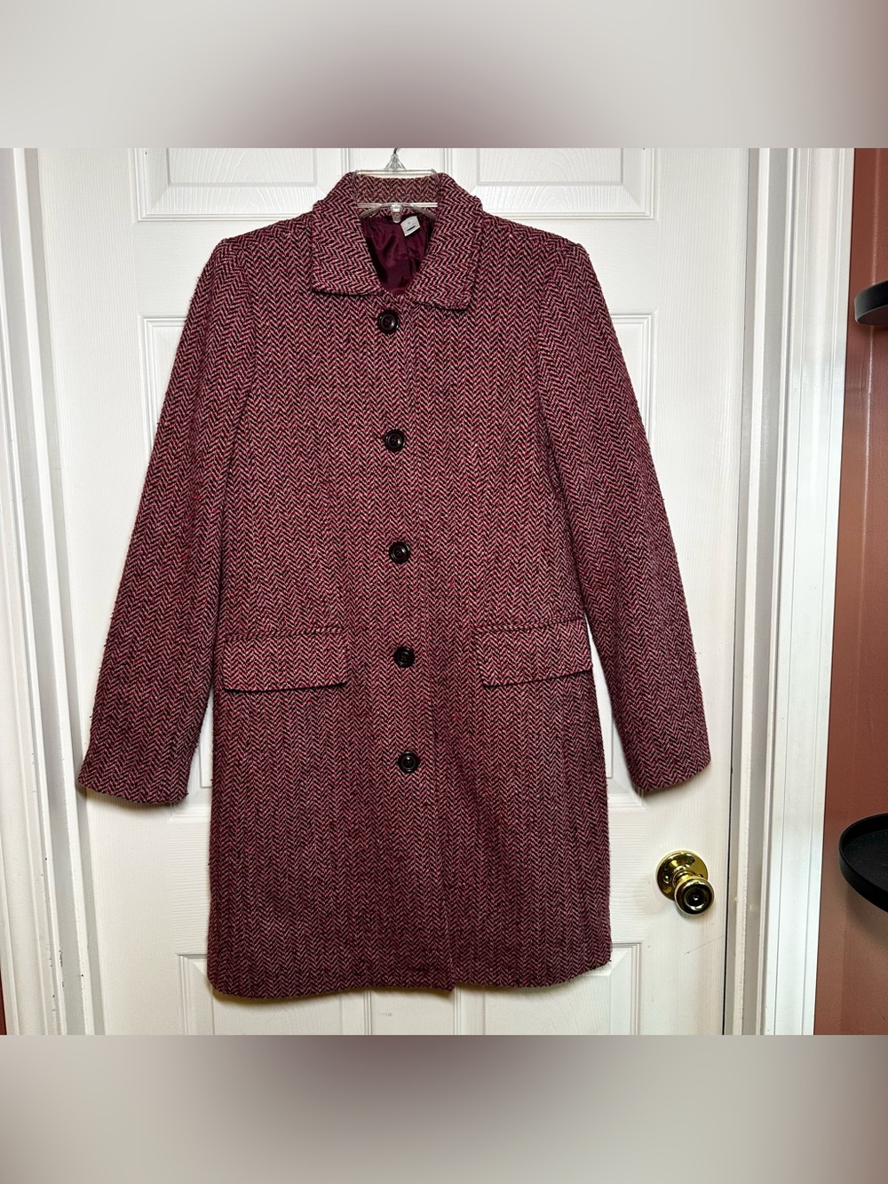 Vintage Old Navy Herringbone Coat Pink Plum Wool Blend Classic Women's Medium